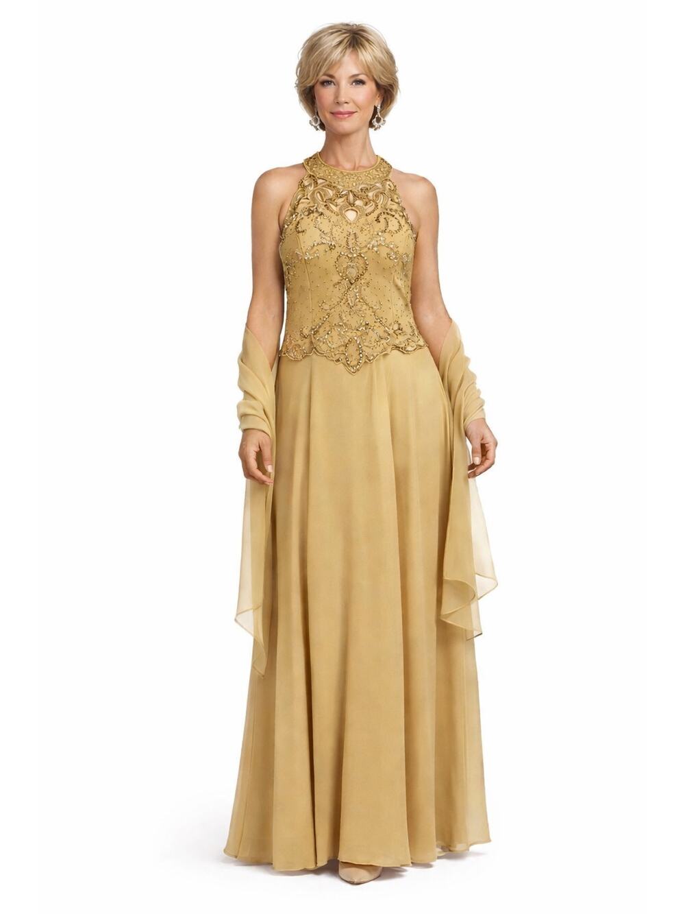 1990s Miss New York Gold Beaded Formal Gown Set Cutout Maxi L-XL